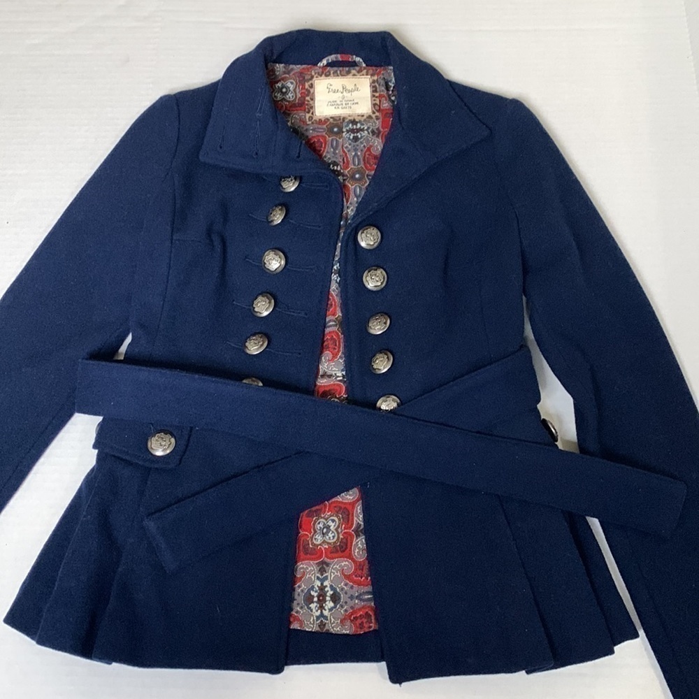 Free People Wool Peplum Military Pea Coat Navy Size 0